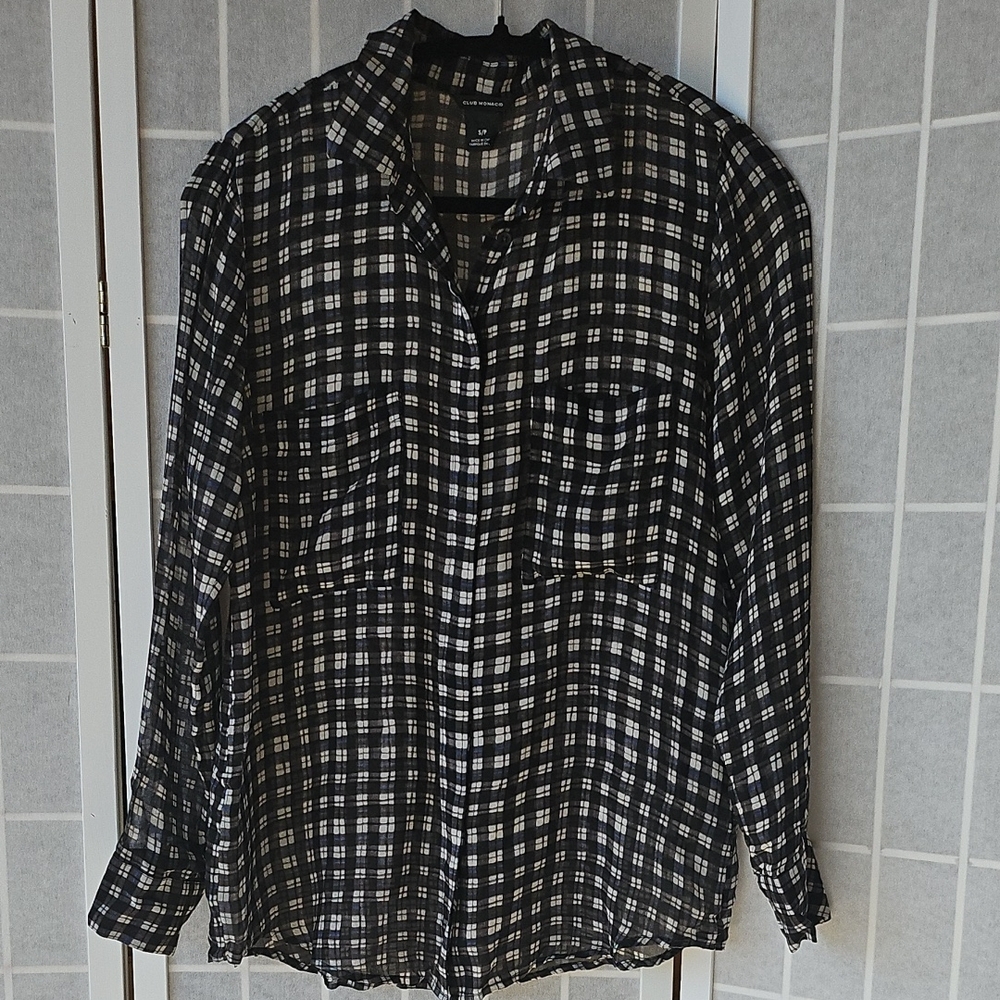 Club Monaco Black and White Plaid Button-Up Blouse